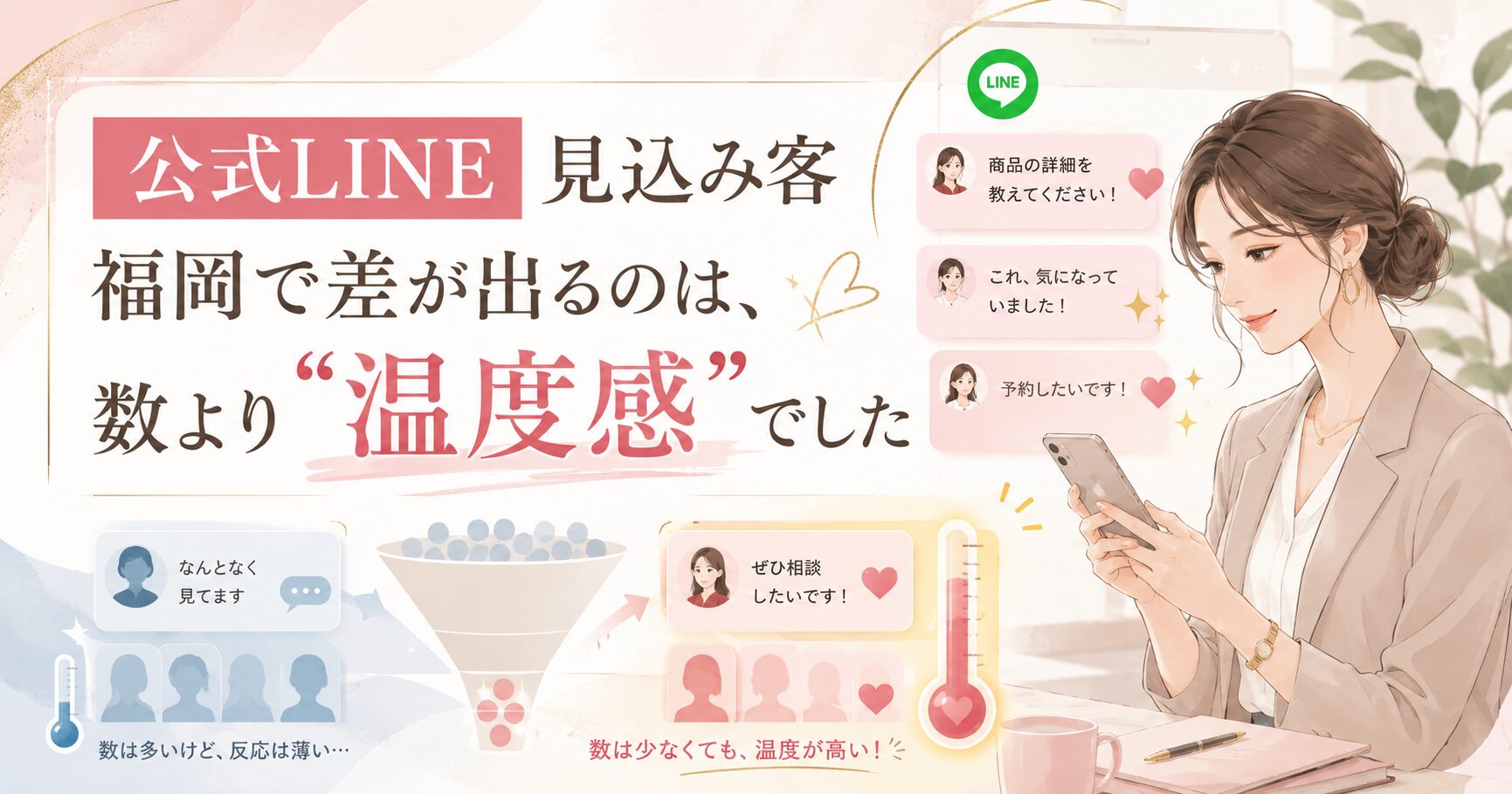 公式LINE 見込み客 福岡の集客で、数の多さより相談・予約につながる温度感の高い反応が重要だと示す構成