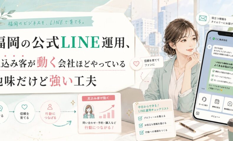 福岡の公式LINE運用で、見込み客へ役立つ情報を届け、信頼を育てて行動につなげる導線設計を示したビジュアル