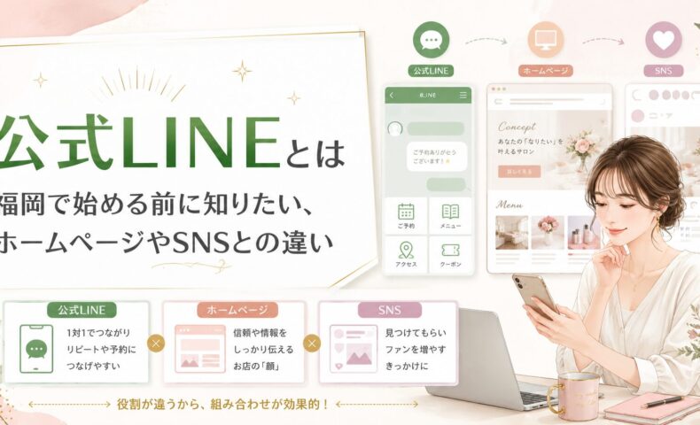 公式LINEとは何かを福岡の事業者向けに、ホームページやSNSとの役割の違いと導線設計で整理した比較ビジュアル