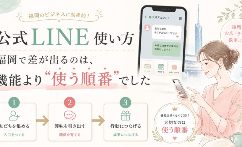 公式LINE 使い方 福岡の店舗向けに、友だち追加から興味喚起、行動促進までの順番を示す訴求ビジュアル
