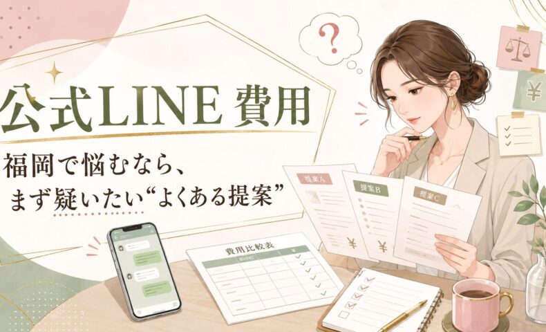 公式LINE 費用 福岡で依頼前に確認したい提案内容や料金比較を、女性が資料を見ながら検討している場面