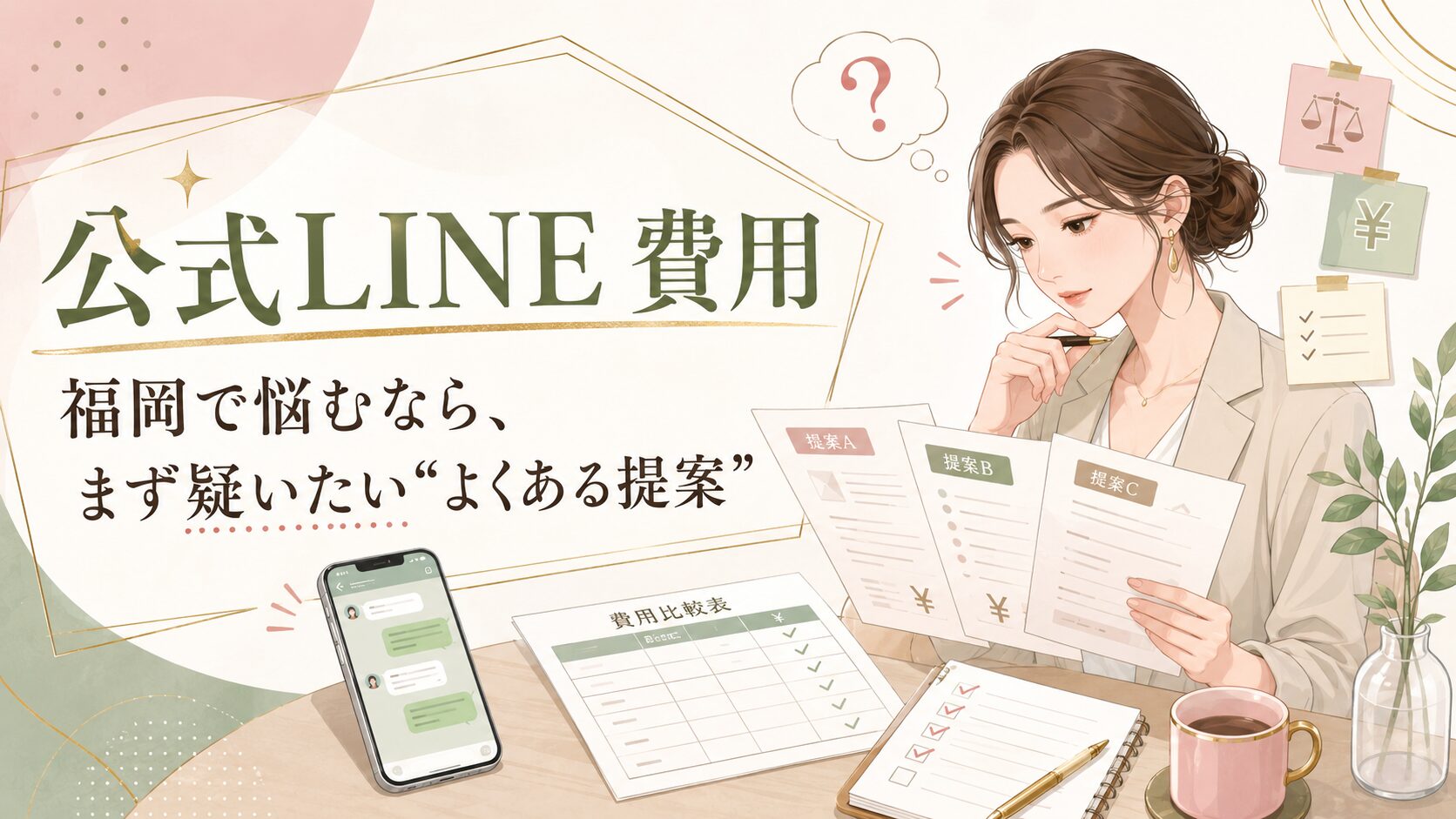 公式LINE 費用 福岡で依頼前に確認したい提案内容や料金比較を、女性が資料を見ながら検討している場面