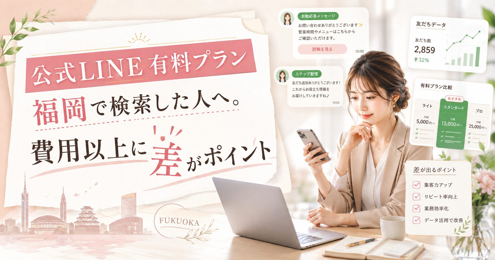 公式LINE 有料プラン 福岡で比較すべき費用・友だちデータ・自動応答・ステップ配信を女性が確認している場面