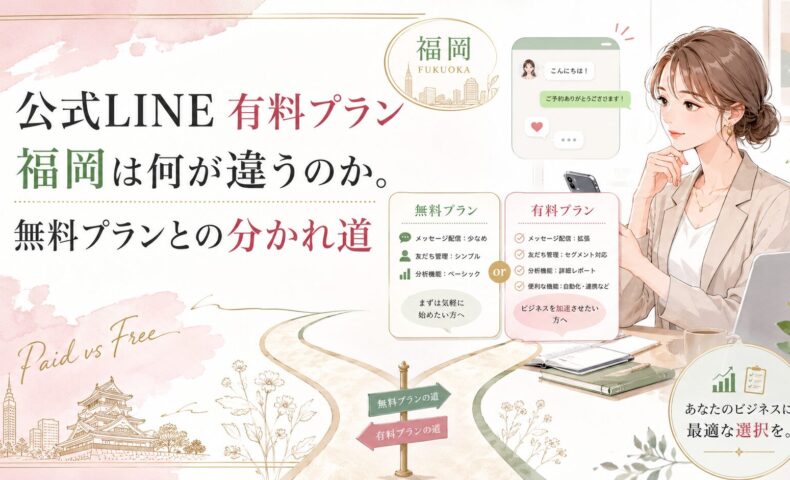 公式LINE 有料プラン 福岡で無料プランと有料プランの違いを、料金・配信数・機能面から比較している場面