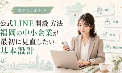 公式LINE 開設 方法 福岡の中小企業向けに、設計・導線・配信・顧客管理の基本設計を女性が確認している場面