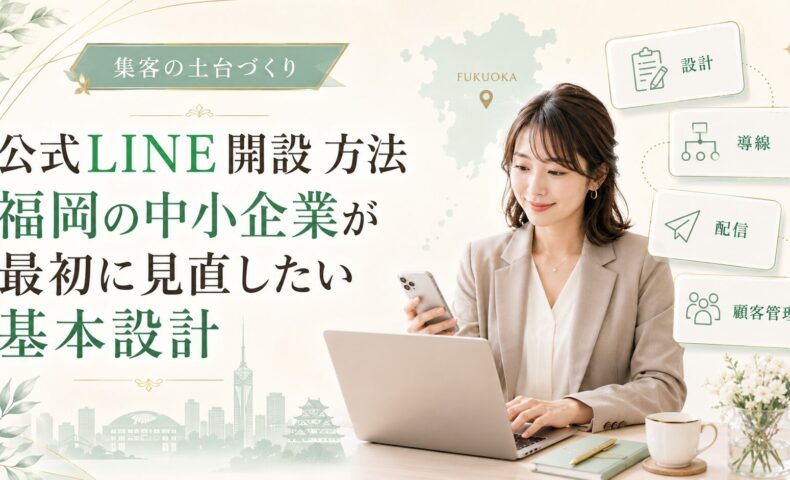 公式LINE 開設 方法 福岡の中小企業向けに、設計・導線・配信・顧客管理の基本設計を女性が確認している場面