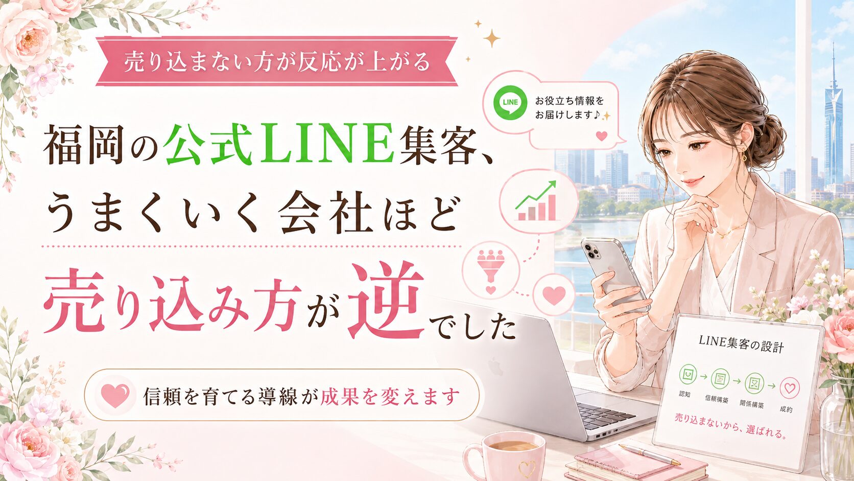 福岡の公式LINE集客で成果を出す売り込み方を、スマホを持つ女性と信頼導線・成長グラフで表現