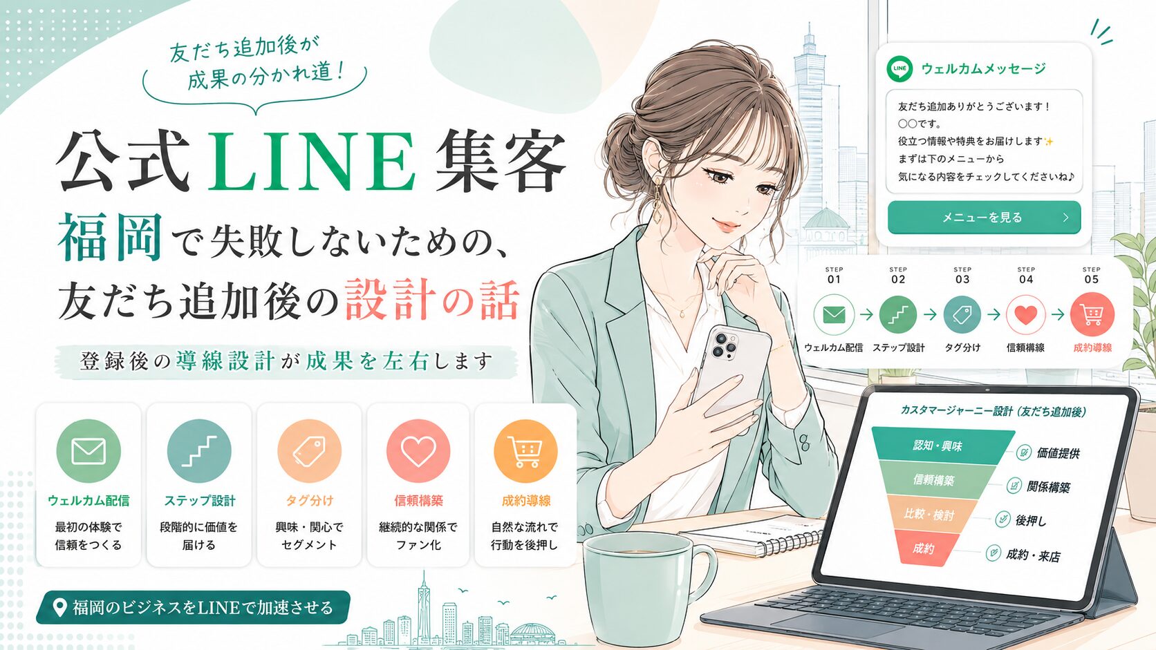 公式LINE集客を福岡で失敗しないために、友だち追加後の配信設計やタグ分けを女性とスマホで表現