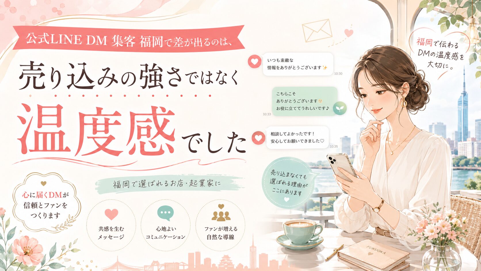 公式LINE DM集客を福岡で成功させるための温度感ある配信を、スマホを持つ女性と会話風メッセージで表現