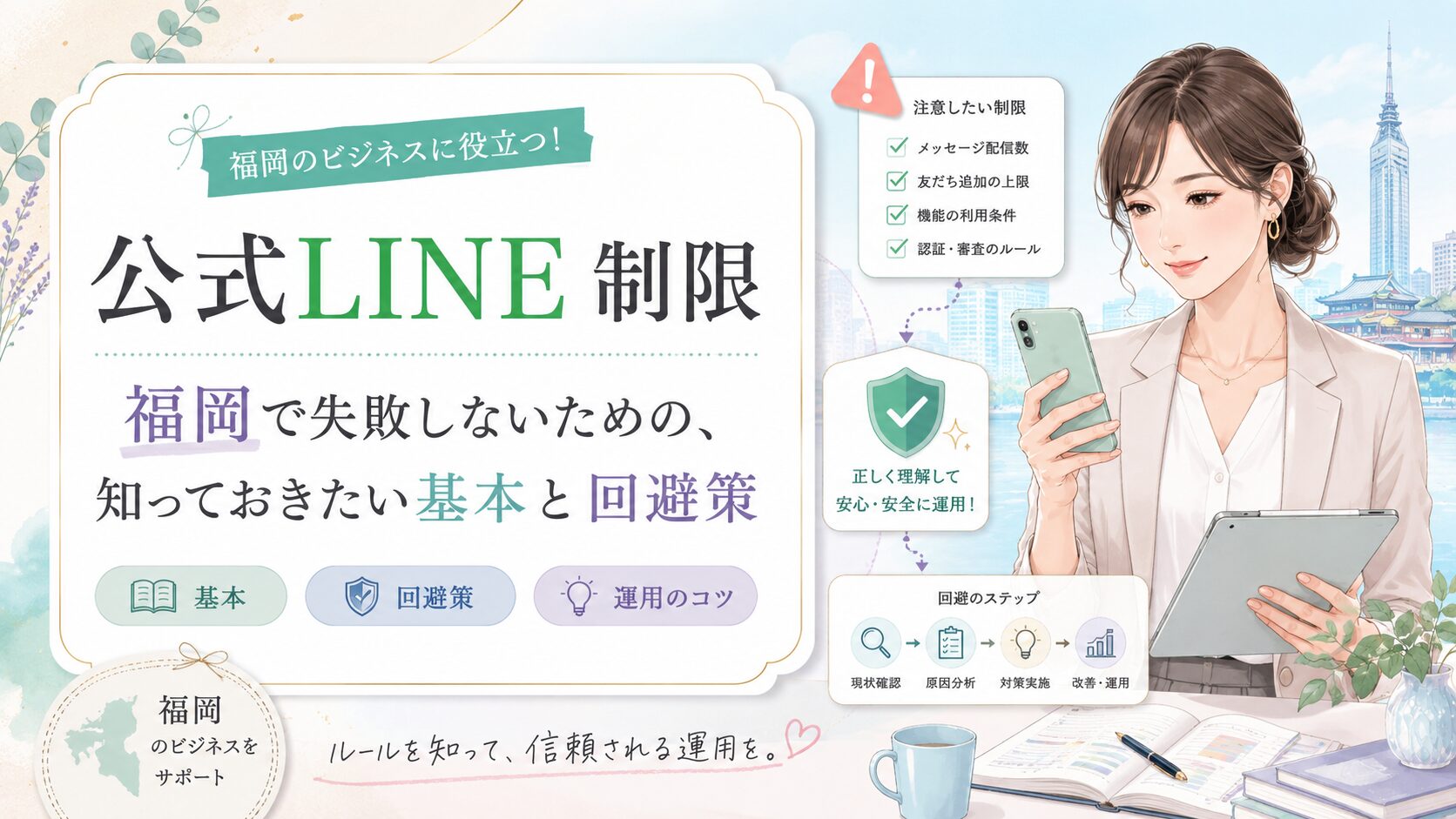 公式LINE制限を福岡で失敗なく運用するための基本と回避策を、スマホを持つ女性と注意項目で表現