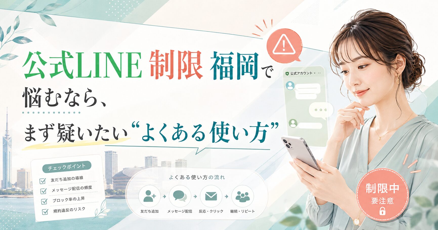 公式LINE制限で悩む福岡の事業者向けに、よくある使い方の見直しポイントを女性と注意表示で表現