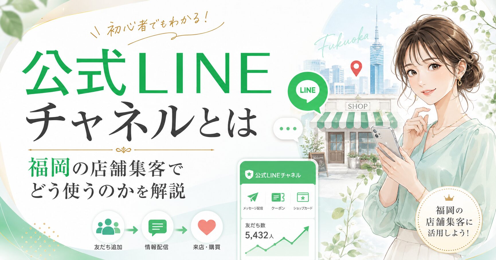 公式LINEチャネルとは何かを福岡の店舗集客でどう活用するか、女性と店舗・LINE画面で表現