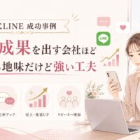 福岡の街並みを背景に、公式LINE成功事例として配信見直し、反応率アップ、売上・集客向上、リピーター増加を示した構成