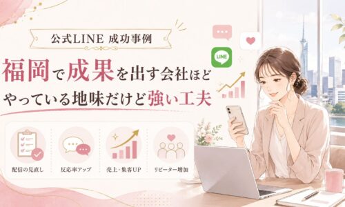福岡の街並みを背景に、公式LINE成功事例として配信見直し、反応率アップ、売上・集客向上、リピーター増加を示した構成