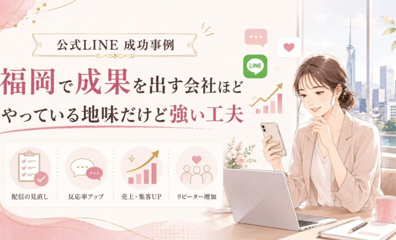福岡の街並みを背景に、公式LINE成功事例として配信見直し、反応率アップ、売上・集客向上、リピーター増加を示した構成