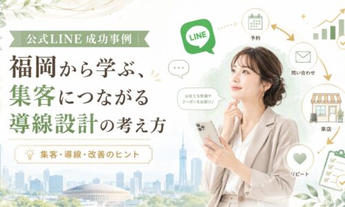公式LINE 成功事例 福岡をテーマに、予約・問い合わせ・来店・リピートへつながる導線設計を女性が確認している構成