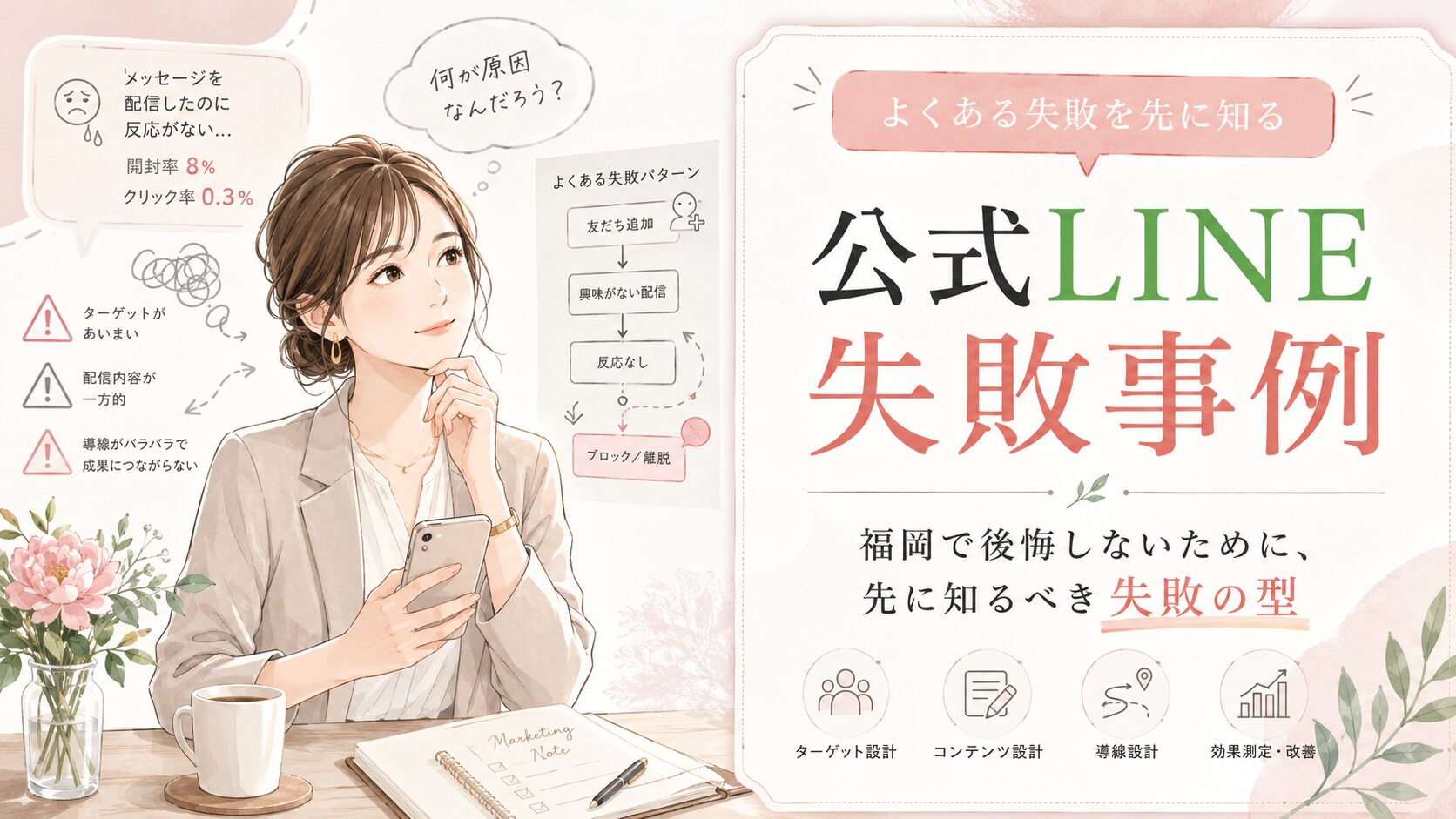 公式LINE 失敗事例 福岡をテーマに、反応がない配信やあいまいな導線など、運用前に見直すべき失敗パターンを整理した構成