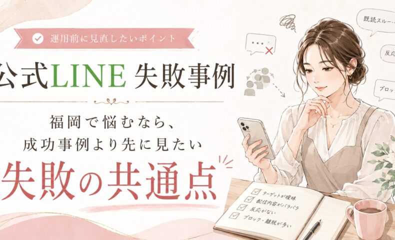 スマホを見つめて悩む女性と、既読スルー・反応がない・ブロックの吹き出しを添えた、公式LINE 失敗事例 福岡の記事アイキャッチ