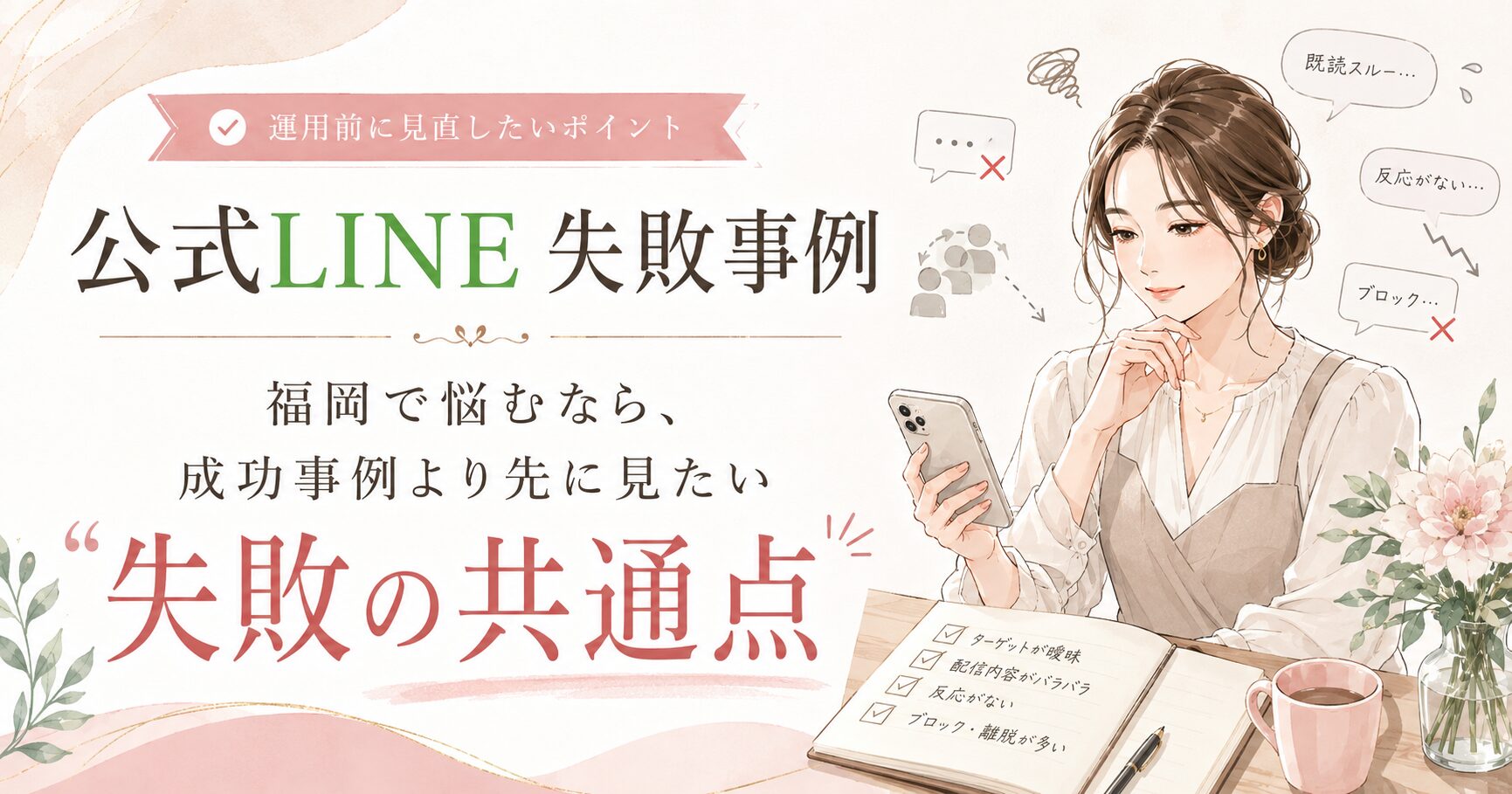 スマホを見つめて悩む女性と、既読スルー・反応がない・ブロックの吹き出しを添えた、公式LINE 失敗事例 福岡の記事アイキャッチ