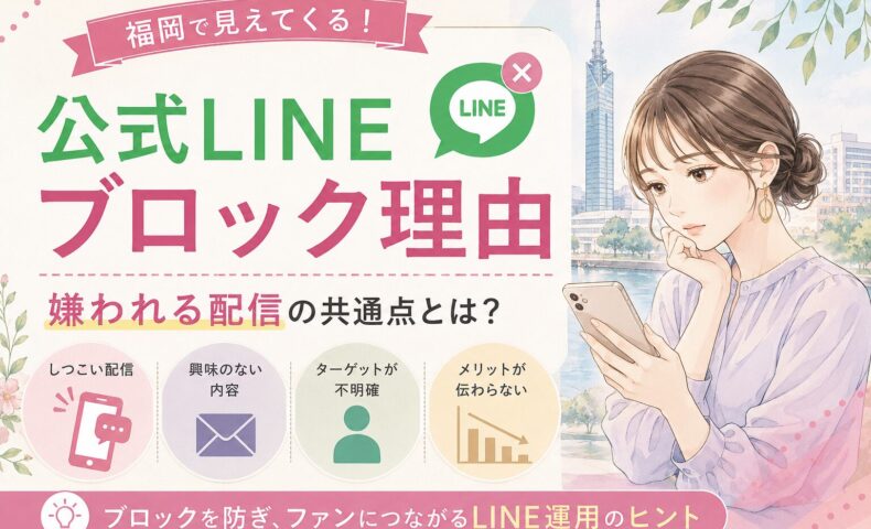 福岡の街並みを背景に、スマホを見る女性とともに、公式LINE ブロック 理由 福岡の要点として嫌われる配信の共通点4つを示した構成