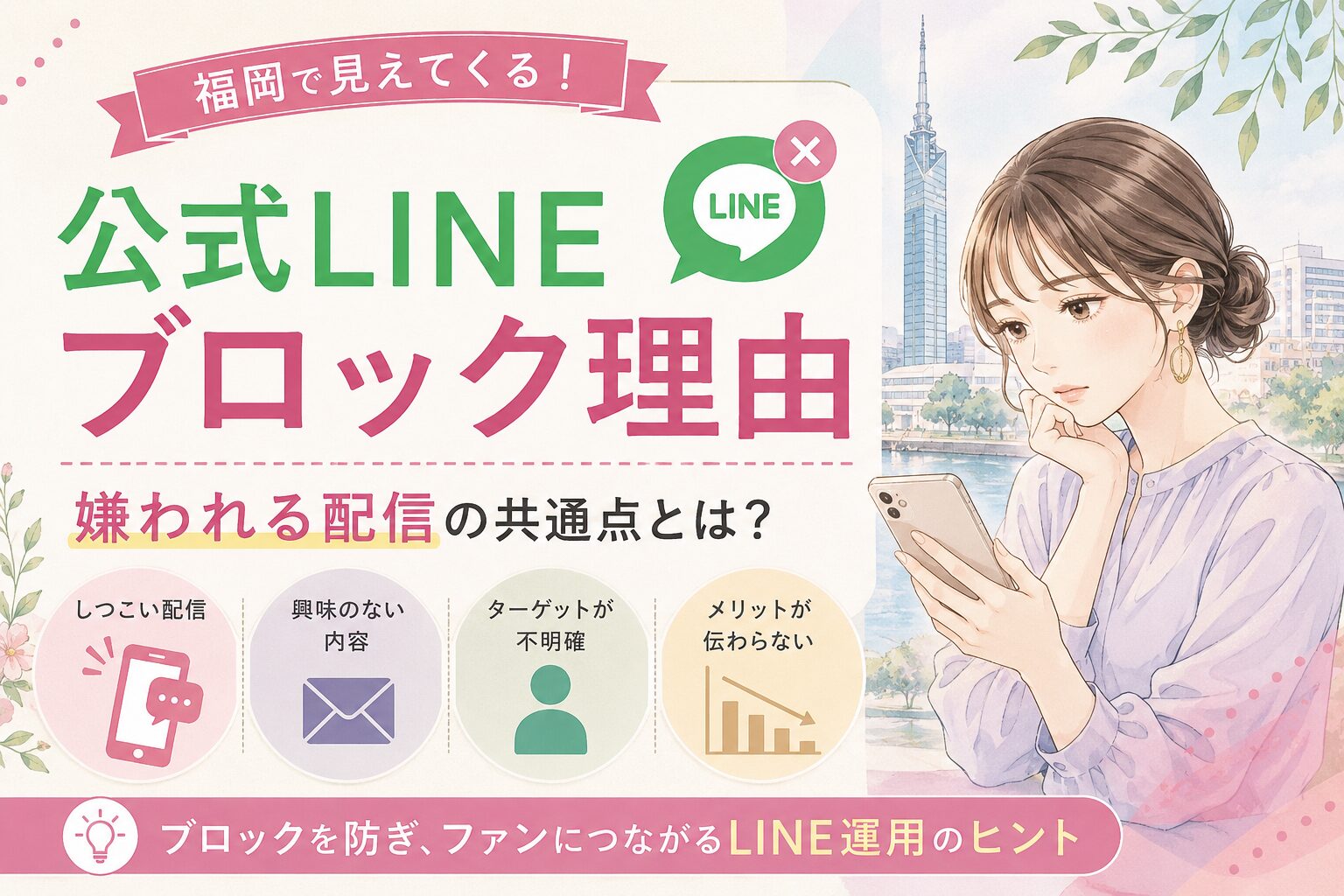 福岡の街並みを背景に、スマホを見る女性とともに、公式LINE ブロック 理由 福岡の要点として嫌われる配信の共通点4つを示した構成