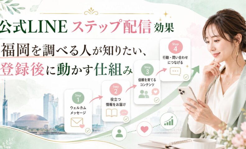 福岡の街並みを背景に、公式LINE ステップ配信 効果を4段階で示し、登録後に信頼形成から問い合わせへ導く流れを表した構成
