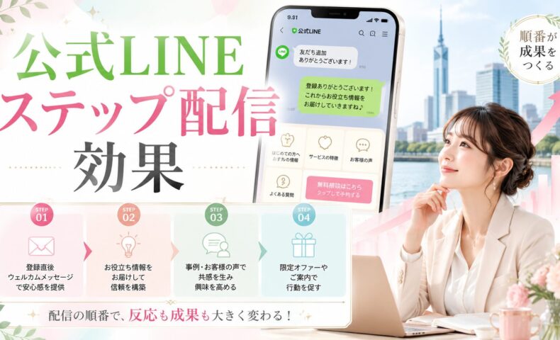 福岡の街並みを背景に、公式LINEのステップ配信効果を4段階で整理し、スマホの配信画面、上昇グラフ、配信設計を考える女性を配置した構成