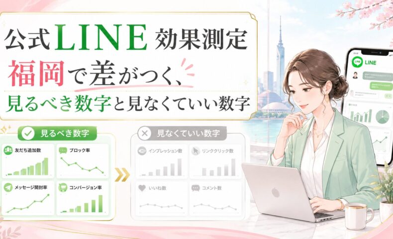 福岡の街並みを背景に、公式LINE効果測定で重視すべき数字と見なくていい数字を比較し、女性がPCとスマホ画面を見ながら分析する構成