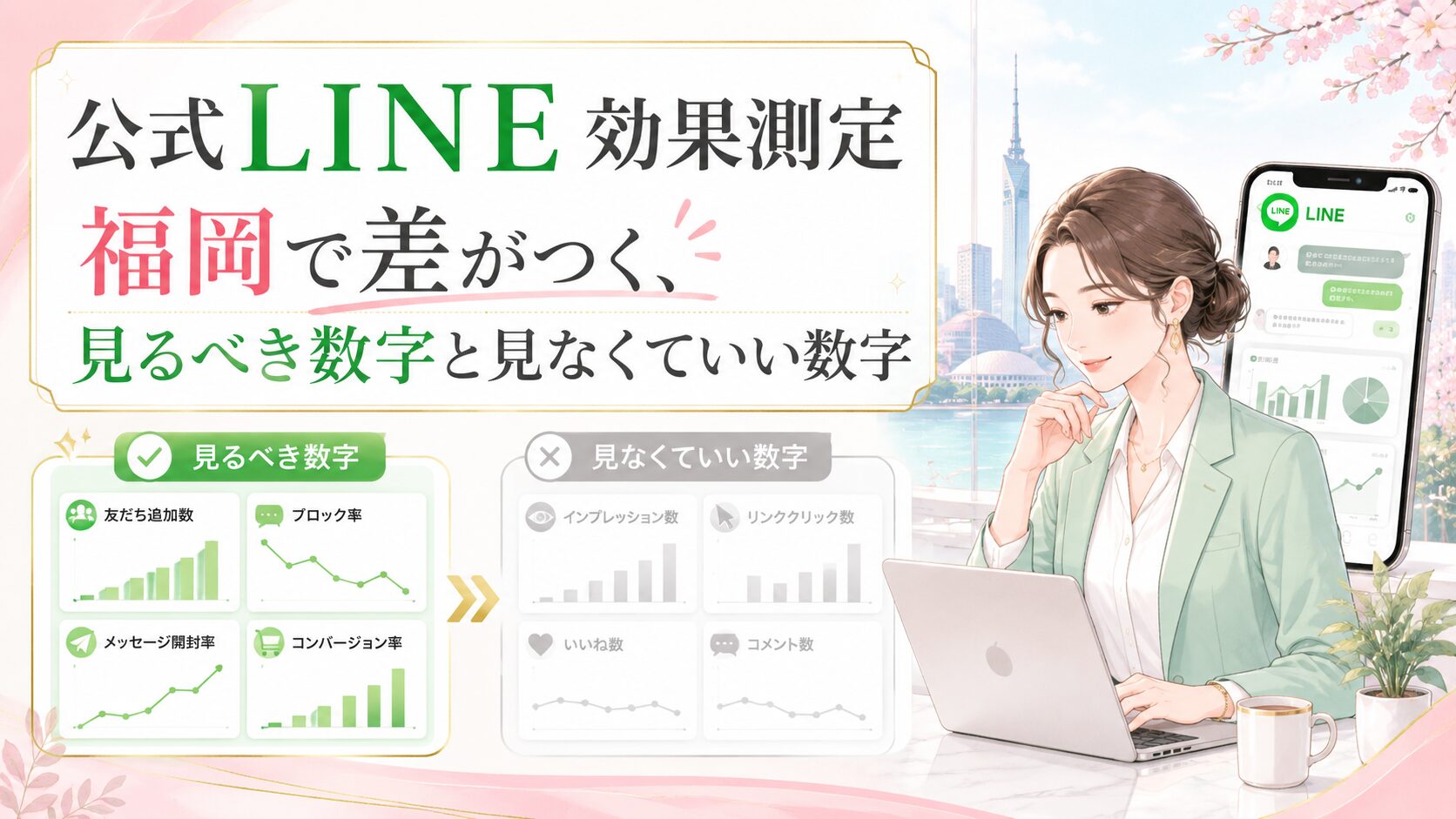 福岡の街並みを背景に、公式LINE効果測定で重視すべき数字と見なくていい数字を比較し、女性がPCとスマホ画面を見ながら分析する構成