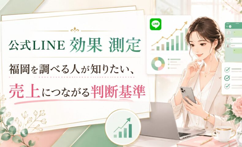 公式LINE 効果 測定 福岡をテーマに、売上につながる判断基準として配信結果やグラフを確認する女性を配置した構成