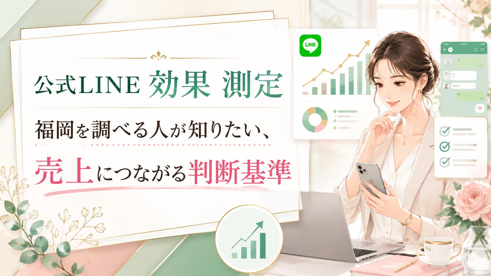公式LINE 効果 測定 福岡をテーマに、売上につながる判断基準として配信結果やグラフを確認する女性を配置した構成