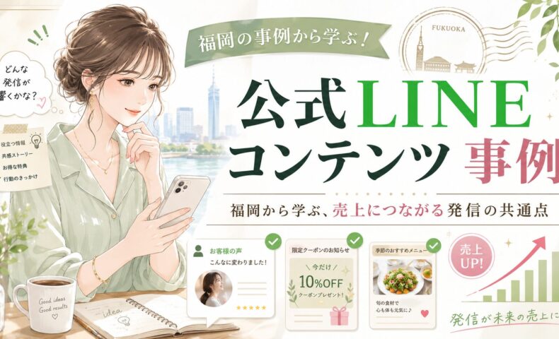 公式LINE コンテンツ 事例 福岡をテーマに、女性がスマホを見ながら役立つ情報、共感ストーリー、特典、行動喚起の発信例を確認する構成