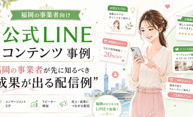 公式LINE コンテンツ 事例 福岡をテーマに、女性がスマホで役立つTips、限定オファー、お客様の声、イベント案内、予約導線を確認する構成