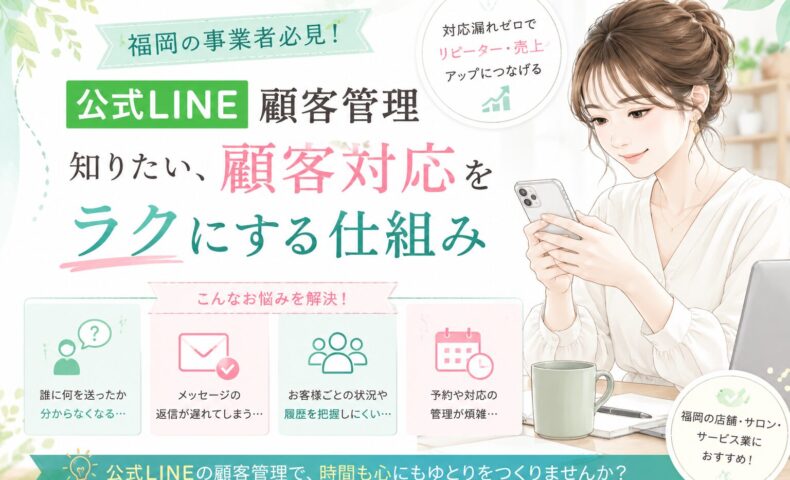 公式LINE 顧客 管理 福岡をテーマに、女性がスマホで顧客対応を確認し、問い合わせ・返信遅れ・履歴管理・予約対応の課題を整理する構成
