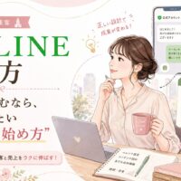ピンクを基調とした街中のカフェで女性が端末を確認し、公式LINE 始め方 福岡における正しい設計とよくある失敗例を比較している場面