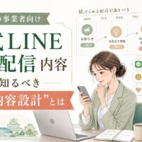 公式LINE 定期配信 内容 福岡をテーマに、女性がスマホとPCで配信計画を確認し、お知らせ・お役立ち情報・事例紹介・クーポン案内を整理する構成