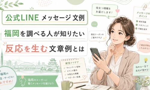 公式LINE メッセージ 文例 福岡をテーマに、女性がスマホを見ながら反応を生む文章例と配信アイデアを確認する構成