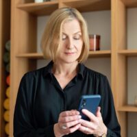 福岡の公式LINE配信内容を設計する事業者が、スマートフォンでメッセージ配信のテーマと反応率を確認している場面