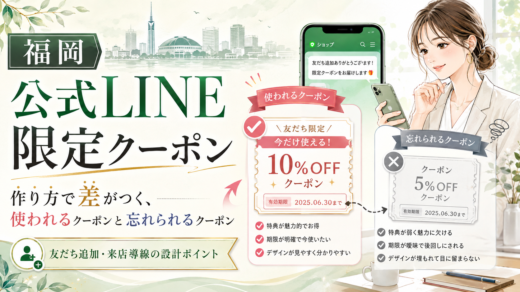 福岡 公式LINE 限定クーポン 作り方をテーマに、使われる10%OFFクーポンと忘れられる5%OFFクーポンを比較し、女性がスマホで確認する構成