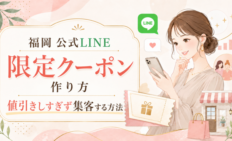 福岡 公式LINE 限定クーポン 作り方をテーマに、スマホを見る女性と店舗、クーポン券、来店客、売上上昇を示す要素を配置した構成