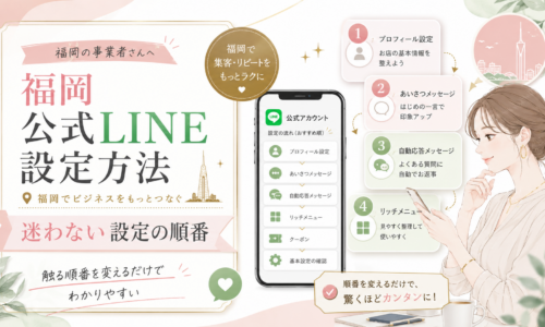 福岡 公式LINE 設定方法をテーマに、スマホを操作する女性とプロフィール・あいさつ・自動応答・リッチメニューを順番に整理した構成