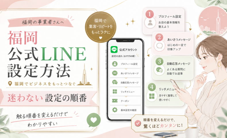 福岡 公式LINE 設定方法をテーマに、スマホを操作する女性とプロフィール・あいさつ・自動応答・リッチメニューを順番に整理した構成