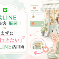 公式LINE 店舗 集客 福岡をテーマに、カフェ前でスマホを見る女性とメッセージ、ハート、再来店を示す循環導線を配置した構成