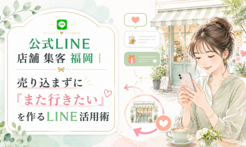 公式LINE 店舗 集客 福岡をテーマに、カフェ前でスマホを見る女性とメッセージ、ハート、再来店を示す循環導線を配置した構成