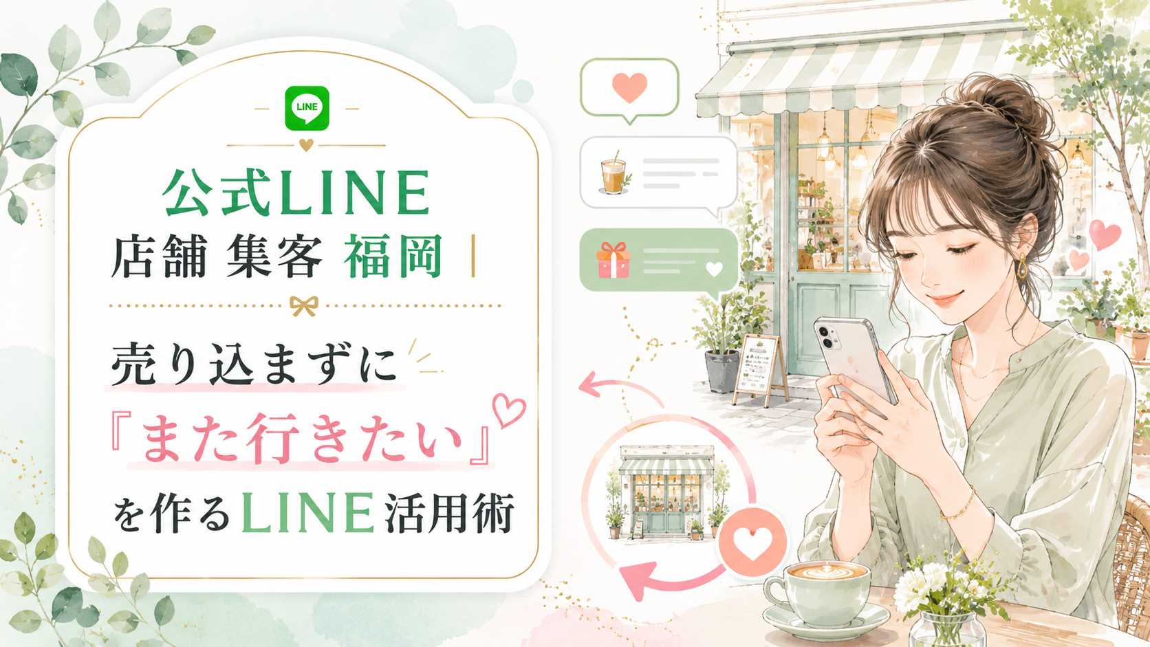 公式LINE 店舗 集客 福岡をテーマに、カフェ前でスマホを見る女性とメッセージ、ハート、再来店を示す循環導線を配置した構成