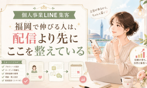 個人事業LINE 集客 福岡をテーマに、スマホとパソコンを使う女性、プロフィール設計・ターゲット明確化・導線設計・配信設計など集客の土台を示した構成