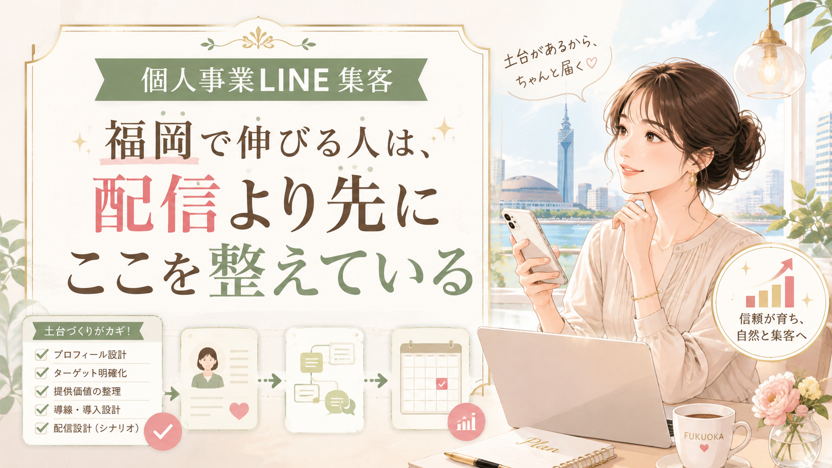 個人事業LINE 集客 福岡をテーマに、スマホとパソコンを使う女性、プロフィール設計・ターゲット明確化・導線設計・配信設計など集客の土台を示した構成