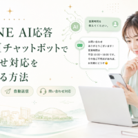 公式LINE AI応答 福岡をテーマに、スマホとパソコンを使う女性、営業時間への自動返信例、AIチャットボット・時計・歯車・福岡の街並みを配置した構成