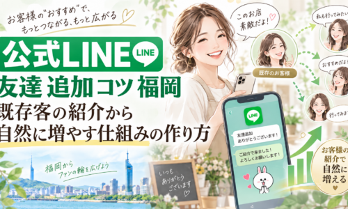 公式LINE 友達 追加 コツ 福岡をテーマに、既存客からの紹介で新しい友だちが増える流れと、スマホでLINE登録を確認する女性を示した構成