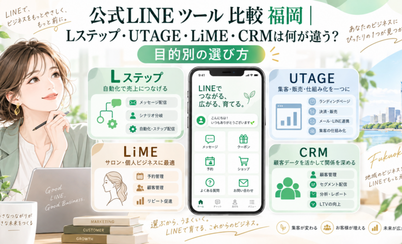 公式LINE ツール 比較 福岡をテーマに、Lステップ・UTAGE・LiME・CRMの特徴と用途を並べ、女性が自社に合うツールを検討する構成